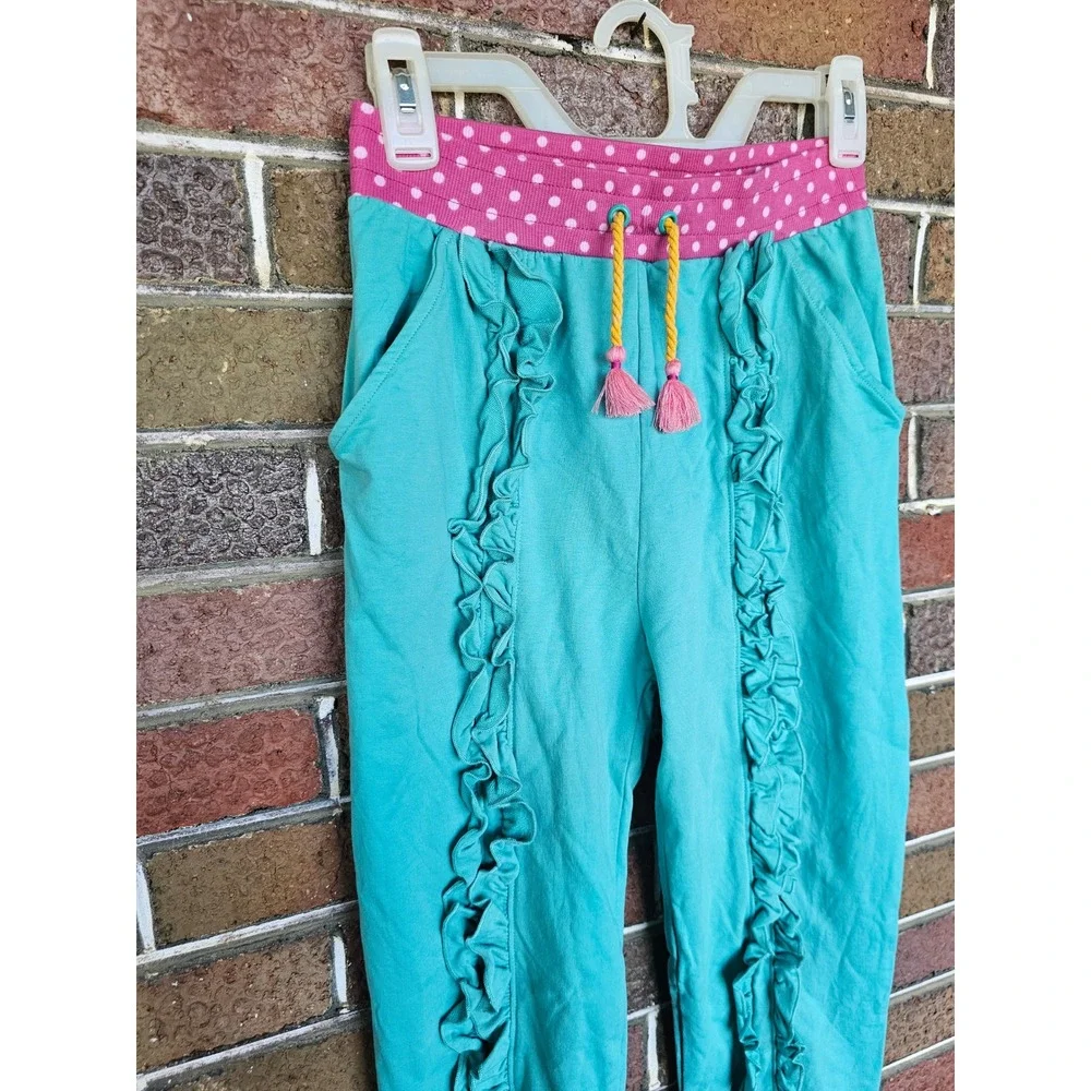 Matilda Jane Girls Race at Recess Teal Blue Ruffle Front Jogger‎ Pants Size 12